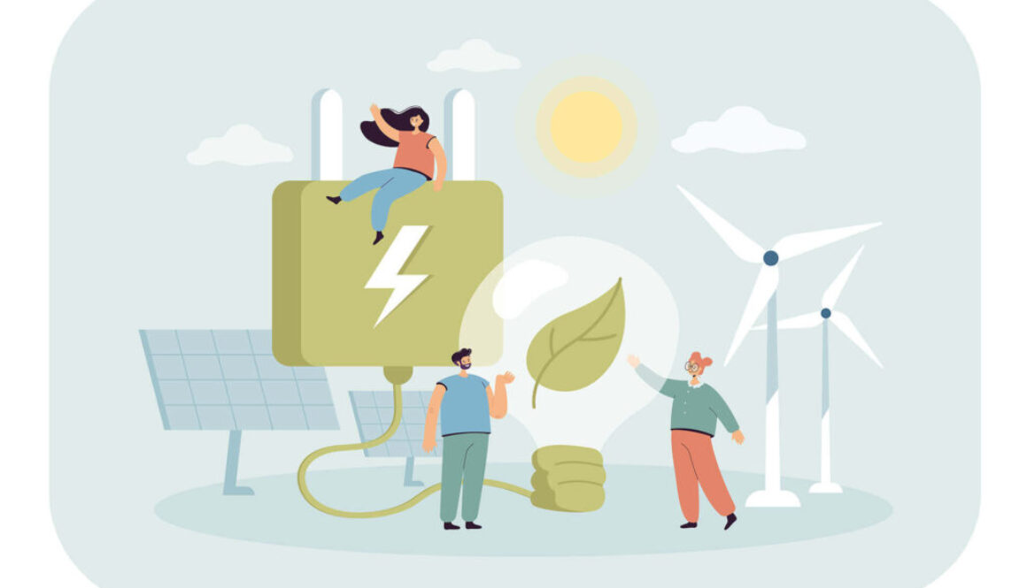 Tiny characters in village with windmills and solar panels